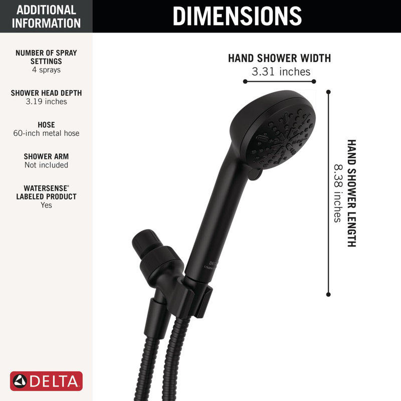 Pomme de douche à 4 jets, pomme de douche avec tuyau 1,75 gallons par minute, Noir mat