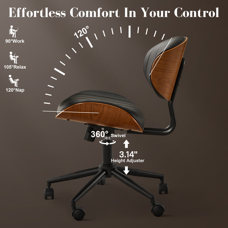 Modern Ergonomic Faux Leather Swivel Task Chair With Adjustable Height For Home Office Desk, Black/Brown