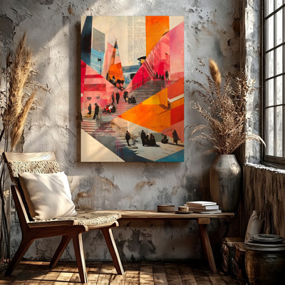 Abstract Urban Cityscape Staircase Collage Modern Geometric Canvas Wall Art Print, Abstract Modern Urban City Skyline Home Decor For Living Room Bedroom Office Hallway Gallery