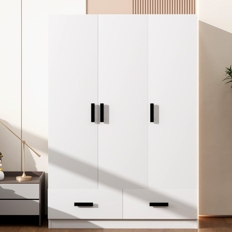  Garde-robe à 3 portes avec tringle, tablettes à plusieurs niveaux et compartiments de rangement cachés, blanc