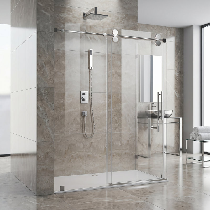 Cabine de douche coulissante sans cadre de l 60 po x P 35 po x H 76 po avec verre transparent chromé de 3/8 po, Chrome