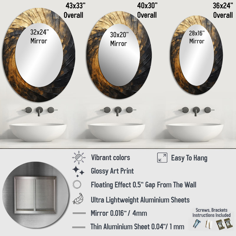Gold Black Spiral Poteries I - Modern Oval Wall Mirror, 43" x 33"