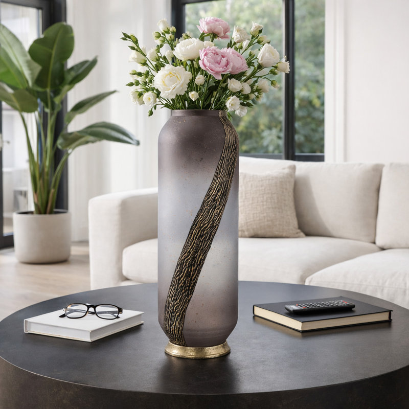 Textured Cylindrical Glass Flower Vase with Base for Home Decor - Decorative Tall Table Vase for Living Room Display - Pink & Gold