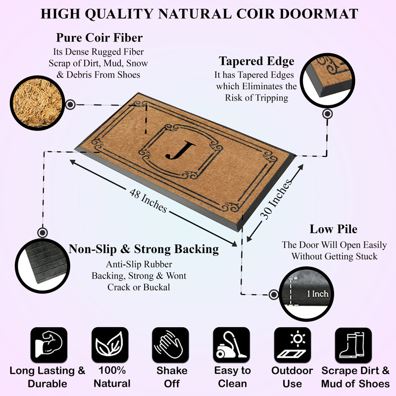 Fabrizia Natural Coir Monogrammed 48" x 30" Non-Slip Outdoor Door Mat, J
