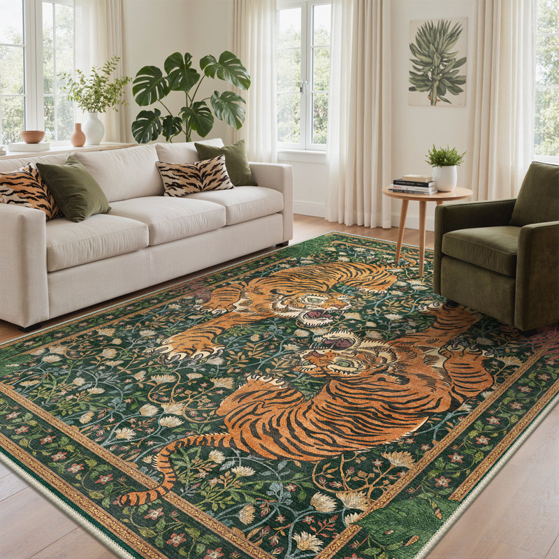 Tapis lavable à la machine avec envers antidérapant Teiarra, Green, Rectangle 6 pi x 9 pi