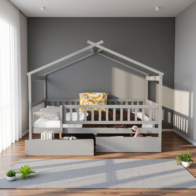 Lit double en bois avec deux tiroirs, Gris