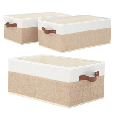 Generic Set Of 3 Large Capacity Fabric Storage Bins With Leather Handles, Closet Shelf Organizer Baskets For Clothes Sheets Jeans Toys And Books