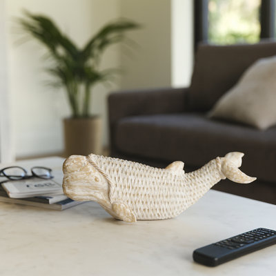 Sculpture moderne en résine de baleine pour décoration intérieure - Statue décorative pour bureau ou décoration de salon - 16 po, blanc et brun