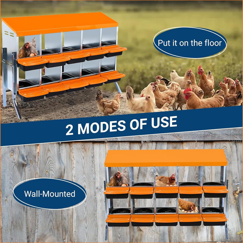 Chicken Nesting Boxes,10 Holes Metal Roll Away Eggs Laying Boxes With Ventilation Holes,rustproof Plastic Tray & Keyhole Mounting, Cleanable Pull Out Nest Box For Hen & Duck, Orange