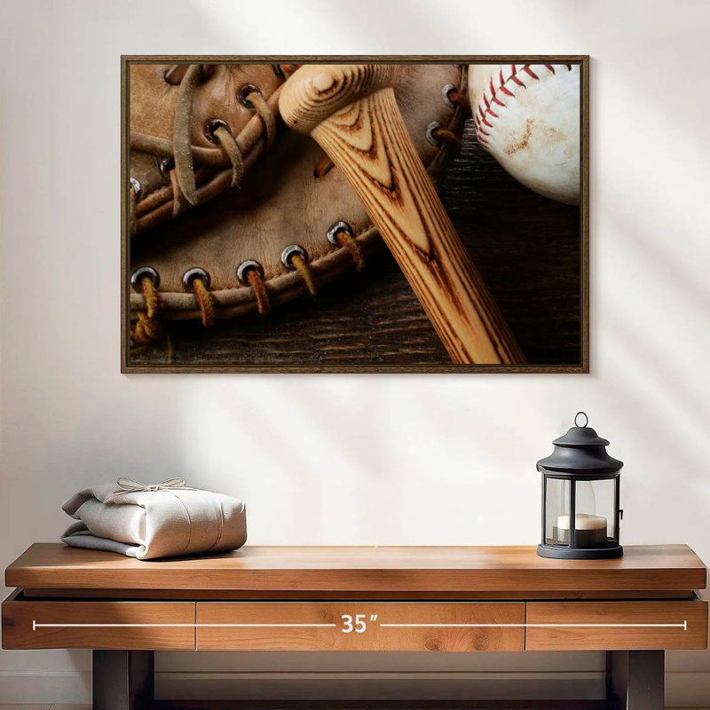 Old Old Baseball Stuff, 25 po x 17 po, Cadre flottant en noyer