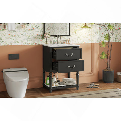 Meuble-lavabo de 24 po avec lavabo en céramique, armoire de salle de bain avec deux tiroirs à fermeture en douceur et une tablette ouverte