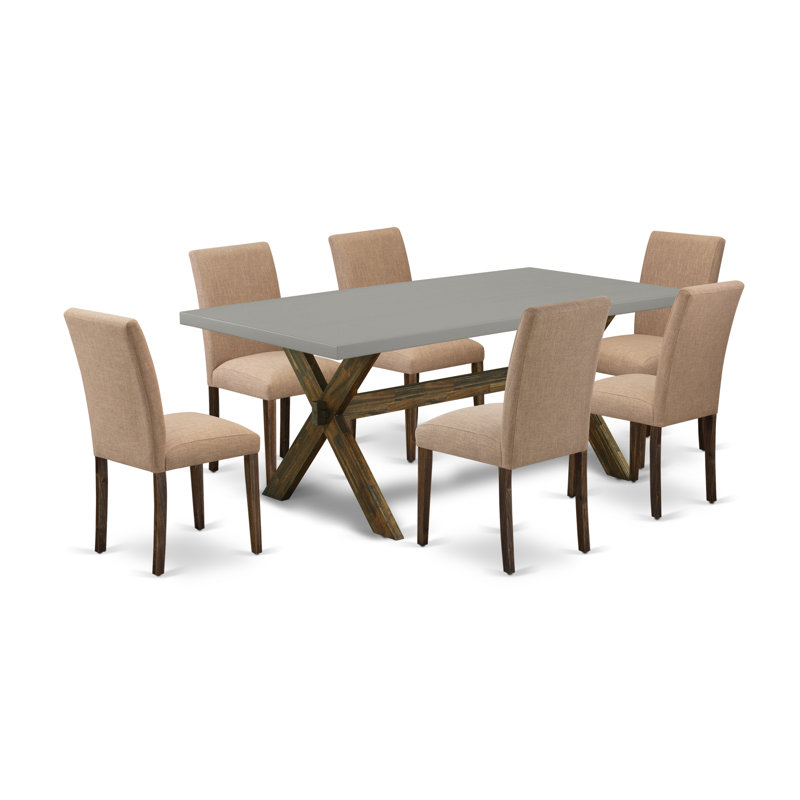 Ensemble de table de salle à manger 7 pièces composé d'une table de salle à manger rectangulaire avec pieds en X et 6 chaises rembourrées en tissu de lin sable clair, patiné