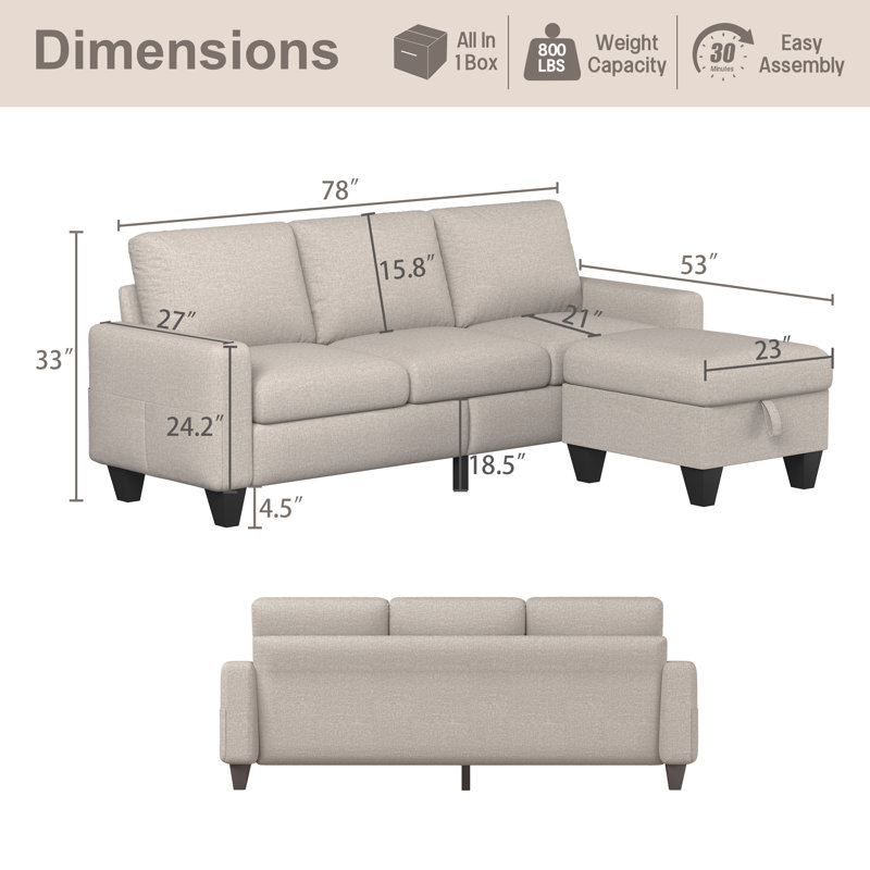 Canapé modulaire 3 pièces Sarahkate, Mélange de lin beige