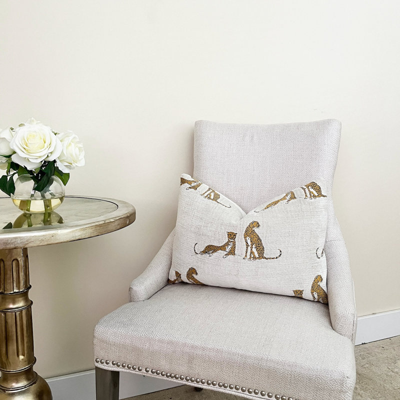 Chenille Embroidered Cheetah Lumbar Pillow Cover, Cream