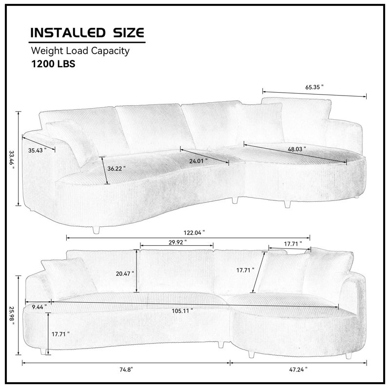 Comfortable Oversized Sectional Sofa with Plush Pillows and Durable Corduroy, White Corduroy, Right Hand Facing