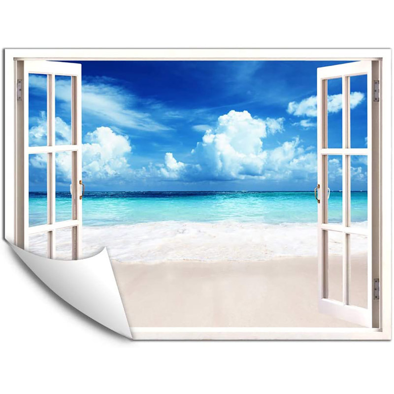 Murales vagues blanches sur la plage sous un ciel bleu, L 48 po x l 36 po