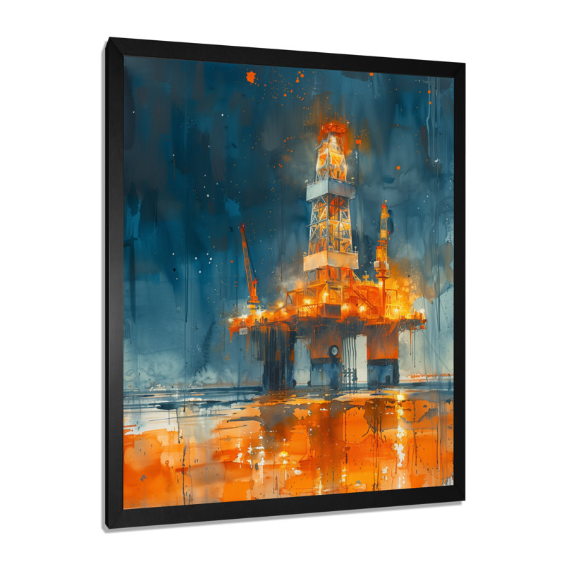 Orange orange, plate-forme de pétrole alimentant le futur, Toile encadrée noire simple, H 30 po x l 40 po x P 1,5 po