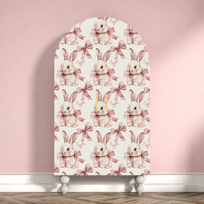 Armoire-penderie moderne à double porte arquée, Ivoire / blanc / rose