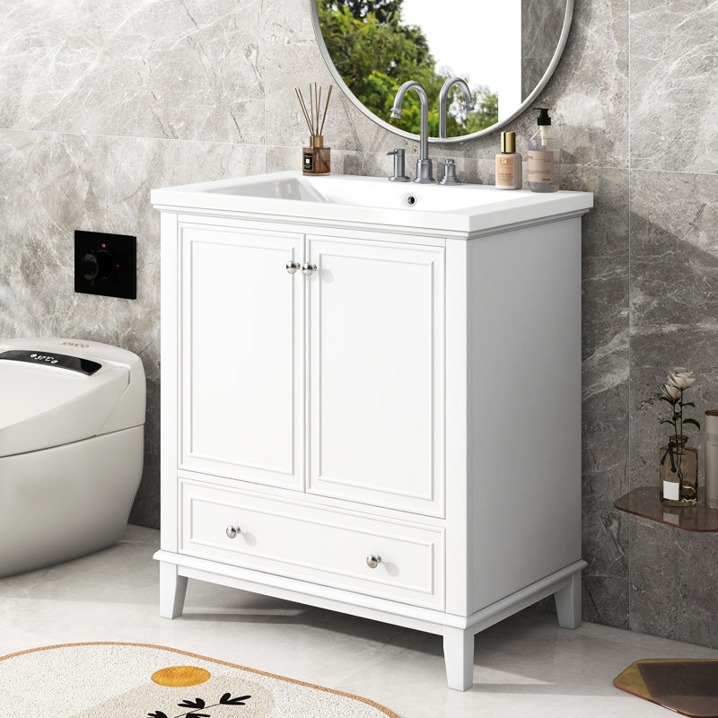 Meuble-lavabo de 30 po avec lavabo en céramique - bois massif blanc et armoire, porte fonctionnelle blanche, X 34,8 po