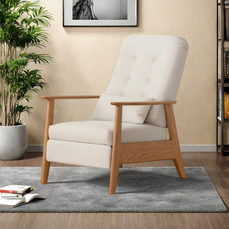 Chaise longue en chêne massif écologique, Mélange de polyester blanc cassé, Brun