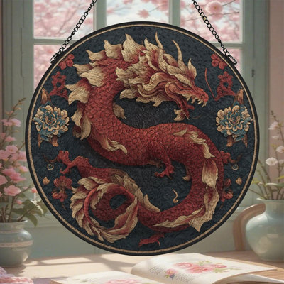 Panneaux de vitrail attrape-soleil Dragon rouge à crinière dorée pour décoration de fenêtre