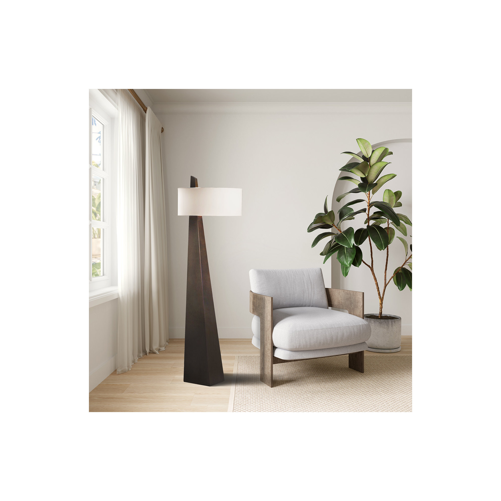 Obelisk Floor Lamp - 63", Chestnut Wood, White Cotton-Linen Shade, Walnut Wood