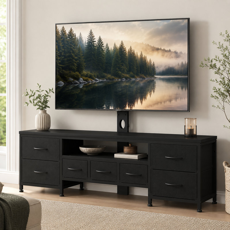 Commode multimédia 51,1 pouces en noyer multifonctionnel: unité à 7 tiroirs avec tablettes ouvertes - rangement audiovisuel de grande capacité pour le salon et support multimédia