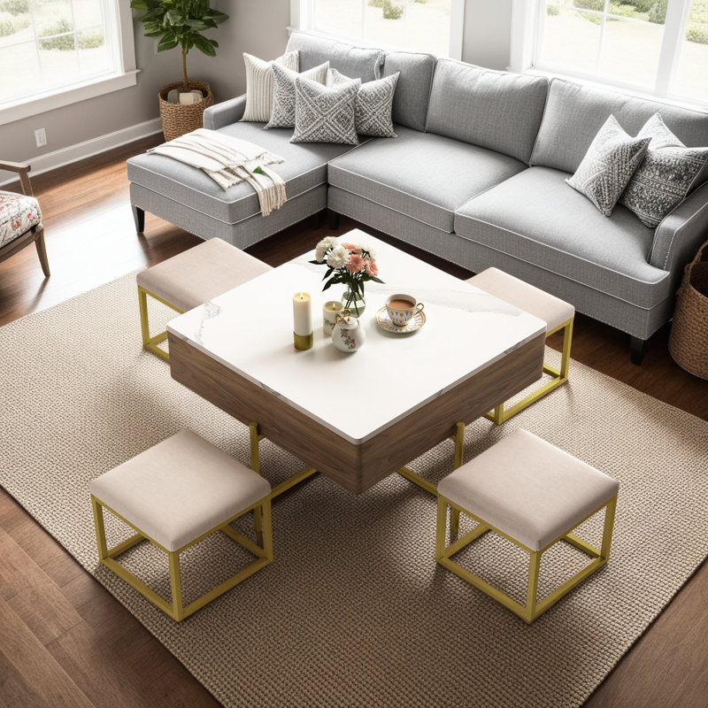 Walnut Lift-Top Coffee Table Set with Storage & 4 Ottomans