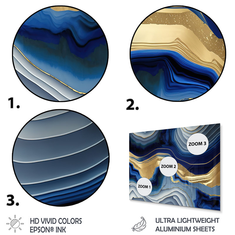 «Vibrant Blue and Gold Flow Art I» - Décoration murale moderne en métal, H 24 po x l 32 po