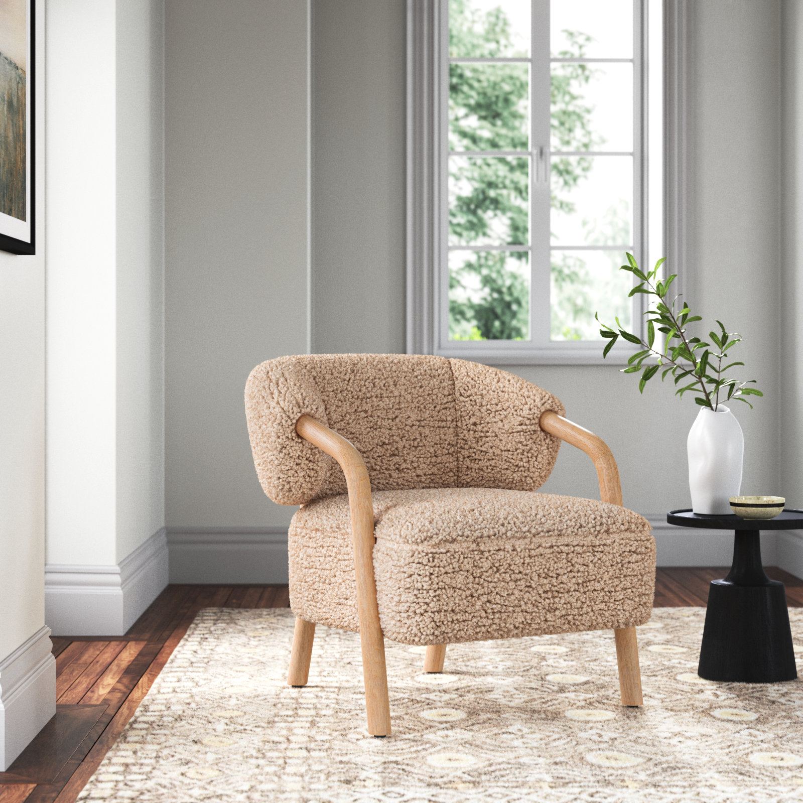 Citrine Oak Armchair, Andes Toast Faux Shearling, Almond Oak
