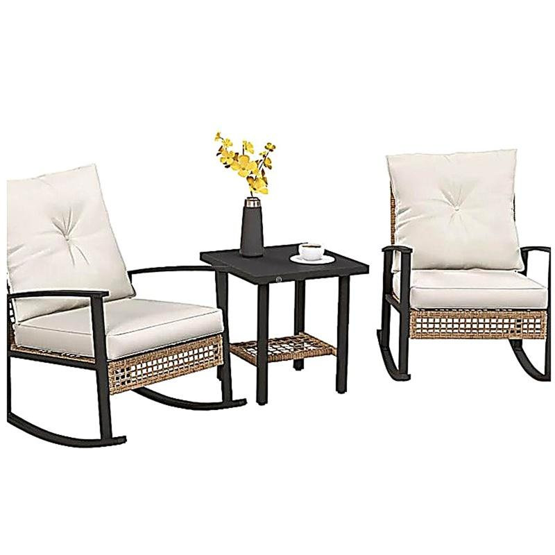 Patio Wicker Furniture Set with Button Tufted Cushions, Rattan Rocking Chairs, Coffee Table, Beige