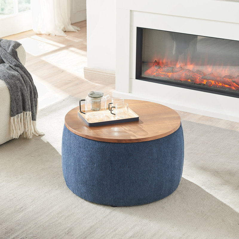 Round Storage Ottoman, 2 In 1 Function, Work As End Table And Ottoman, Navy
