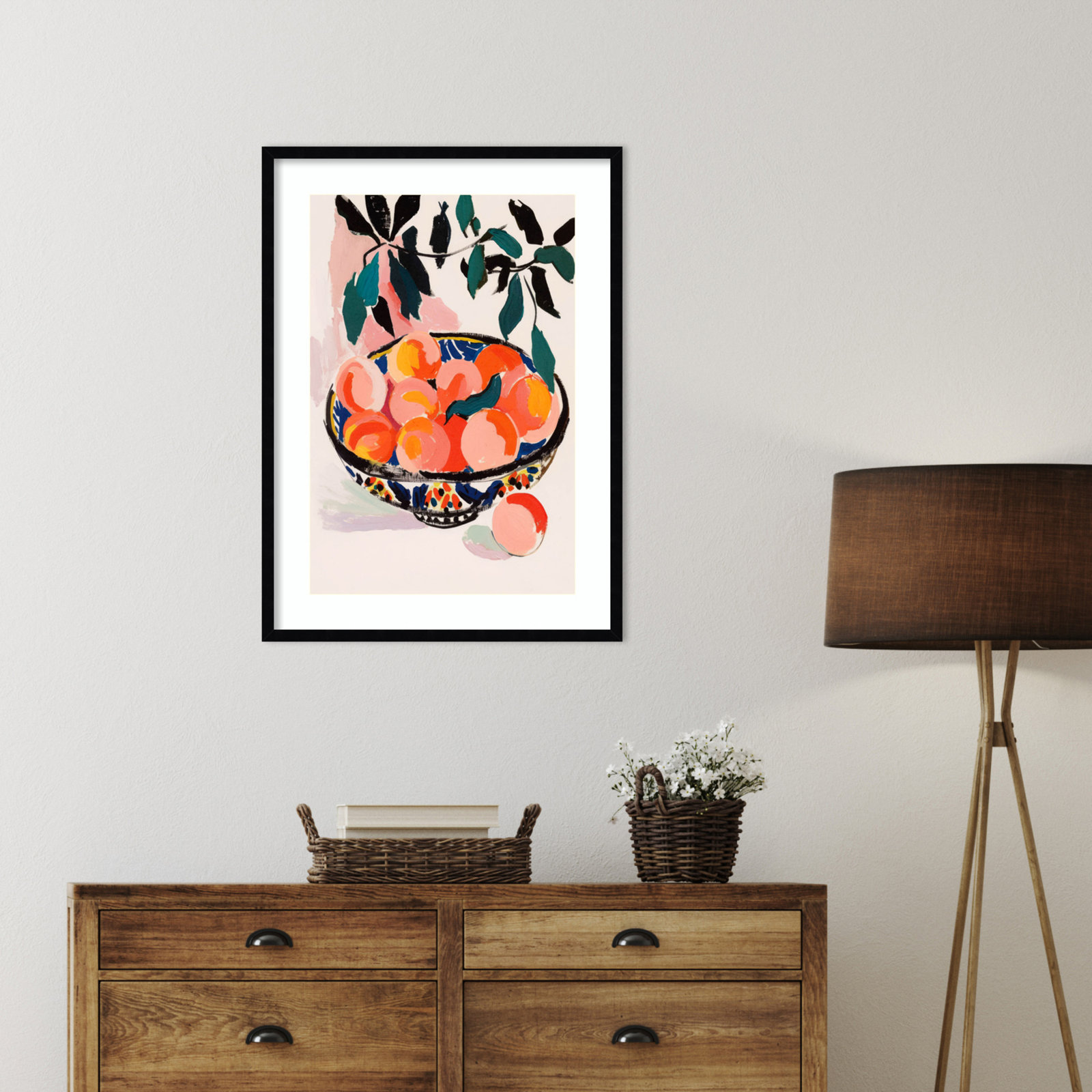 Fresh Peach Fruit Bowl by Treechild Wood Framed Wall Art Print, 33" H x 24" W, Black Framed