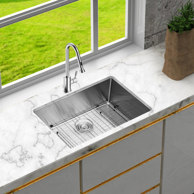 Évier de cuisine encastré en acier inoxydable 304 de 27 pouces de calibre 16 avec 10 cuves de 10, système de drainage en forme de X, coin arrondi R10, revêtement de condensation, coussin antibruit de 3 m, livré avec vaisselle