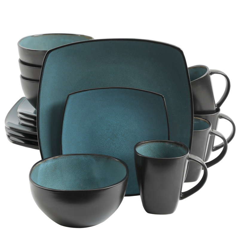 Teal and Black Square Porcelain Dinnerware Set, Service for 4
