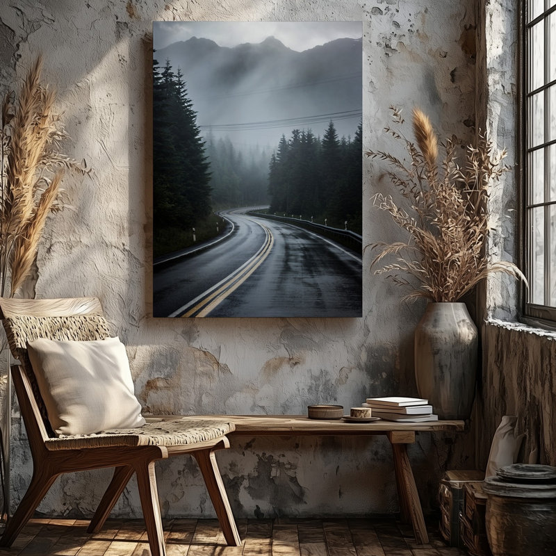 Reproduction d'art sur toile, "Une route sinueuse s'étire à travers une forêt dense et brumeuse" dans un doux brouillard gris qui dissimule les montagnes