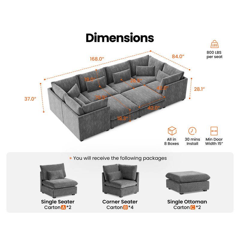 Canapé modulaire surdimensionné en chenille de 160 po, Gris chenille