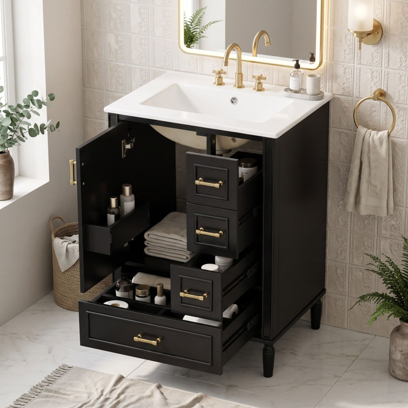 Meuble-lavabo autoportant moderne avec lavabo en céramique durable, charnières à fermeture en douceur et grand espace de rangement