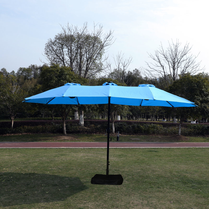 - Parasol de patio 15X9pi avec et base - Double rectangulaire bleu pour usage résidentiel