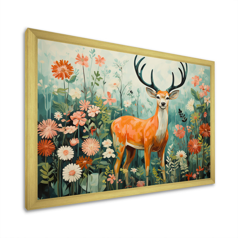 «Green Flower Deer In Wildlife Meadows I», art mural animal cerf, Cadre doré à coins fermés, H 12 po x l 20 po x P 1 po