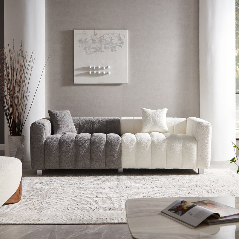 87.4'' Premium Velvet Sofa 3-Seater Loveseat, White/Grey Fabric