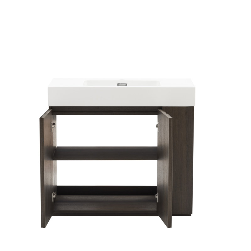 Meuble-lavabo moderne rétro avec lavabo, grand meuble-lavabo de rangement, lavabo en quartz à une pièce, Chêne fumé, Blanc