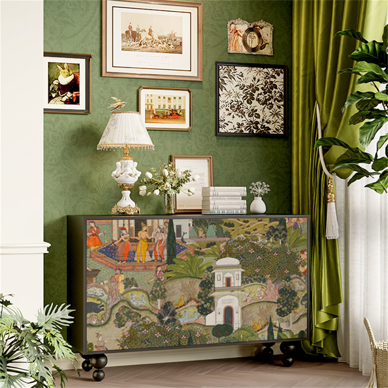 Modern Simple Entryway Accent Cabinet Sideboard, Black + Multicolour