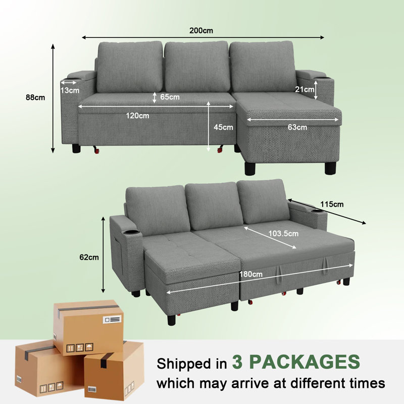 3 Seater Linen Blend Sofa Bed, Grey
