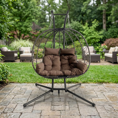 Grand balancelle pour 2 personnes avec support - tissu résistant à l'eau, rotin PE toutes saisons, coussin moelleux, brun café, pour patio, jardin, balcon, intérieur