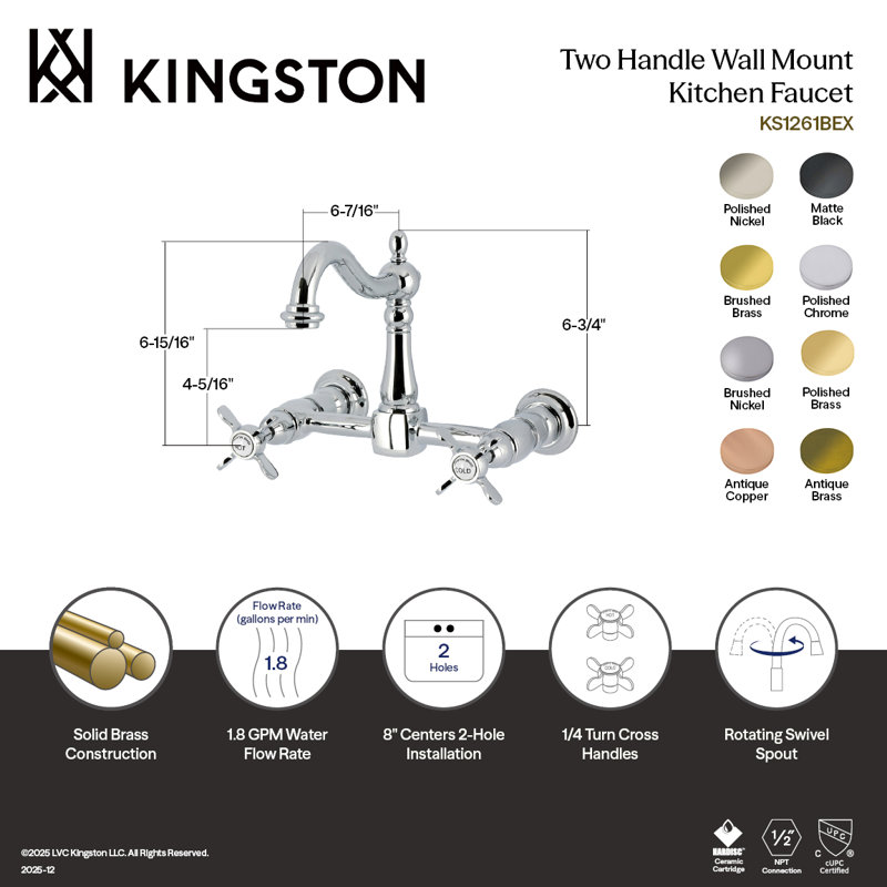Kingston Brass Essex Two-Handle 2-Hole Deck Mount Bridge Kitchen Faucet, Polished Nickel