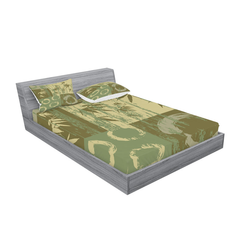 Ambesonne Asian Themed Fitted Sheet & Pillow Sham , Green, California King Sheet Set + 4 Pillowcases