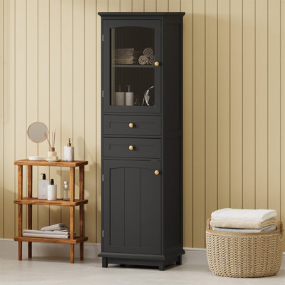 Tall Bathroom Storage Cabinet With Glass Doors, Free-Standing, Two Drawers, And Adjustable Shelves, MDF Board, Painted Black - Perfect For Displaying Your Favorite Items