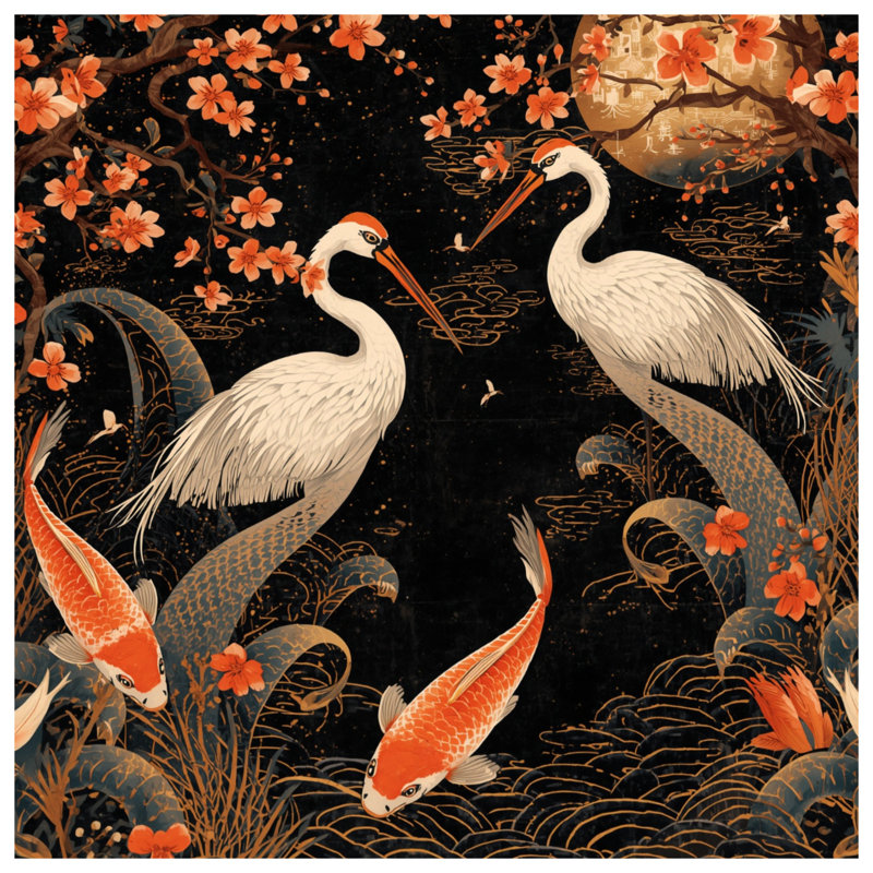 Coussins Cranes And Koi Fish, 14 X 14 pouces