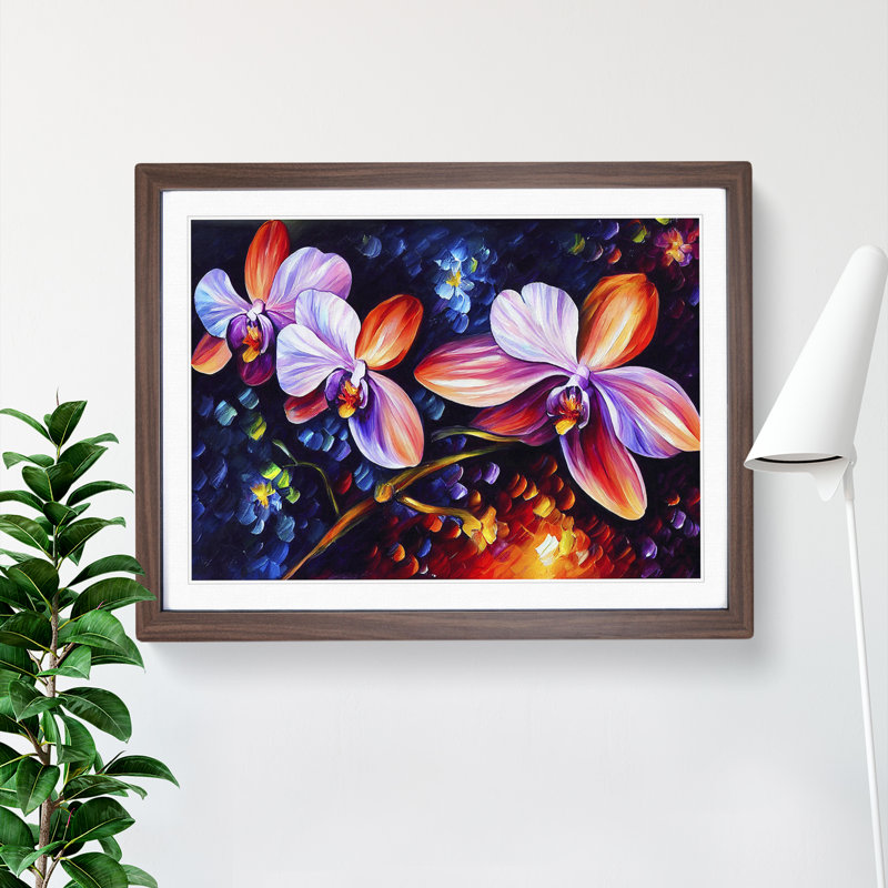 Orchid Flower Painting Vol.2 Abstract - Single Picture Frame Print, 46cm H x 64cm W, Walnut